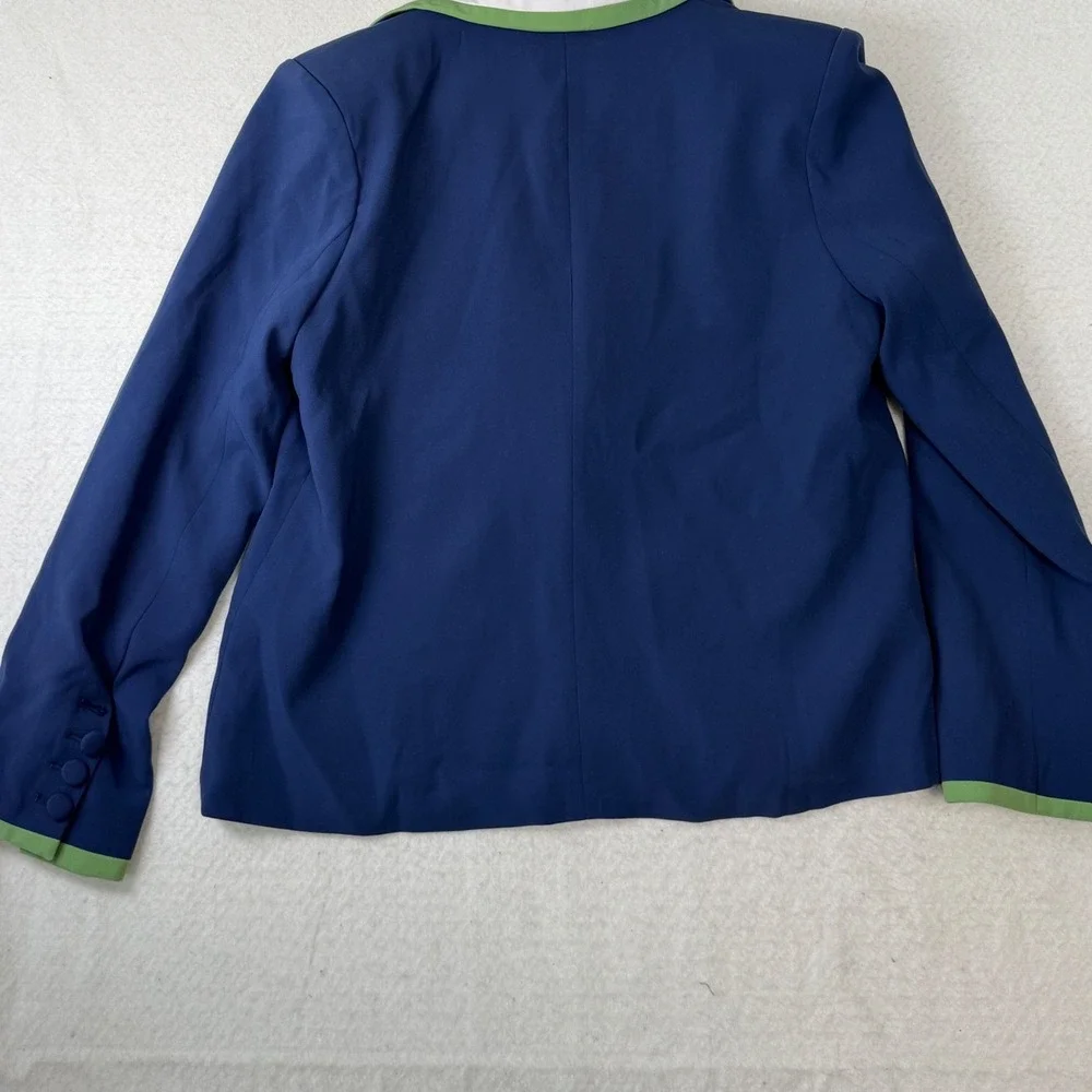 Maeve Anthropologie Navy Blue Blazer Green White Trim Petite Medium